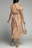 Elegant Striped Print Without Belt Asymmetrical Collar Printed Dress Short Sleeve Dress（No Belt）