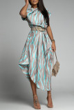 Elegant Striped Print Without Belt Asymmetrical Collar Printed Dress Short Sleeve Dress（No Belt）
