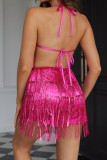Sexy Solid Tassel Sequins V Neck Sling Dress Dresses