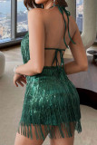 Sexy Solid Tassel Sequins V Neck Sling Dress Dresses