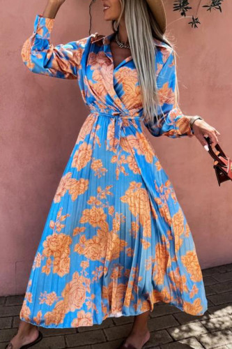 Bohemian Elegant Floral Frenulum Pleated Turndown Collar Pleated Dresses