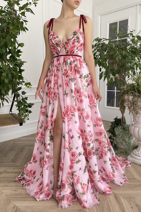 Elegant Floral Slit V Neck Sling Dress Dresses