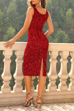 Sexy Solid Sequins Slit U Neck Evening Dress Dresses