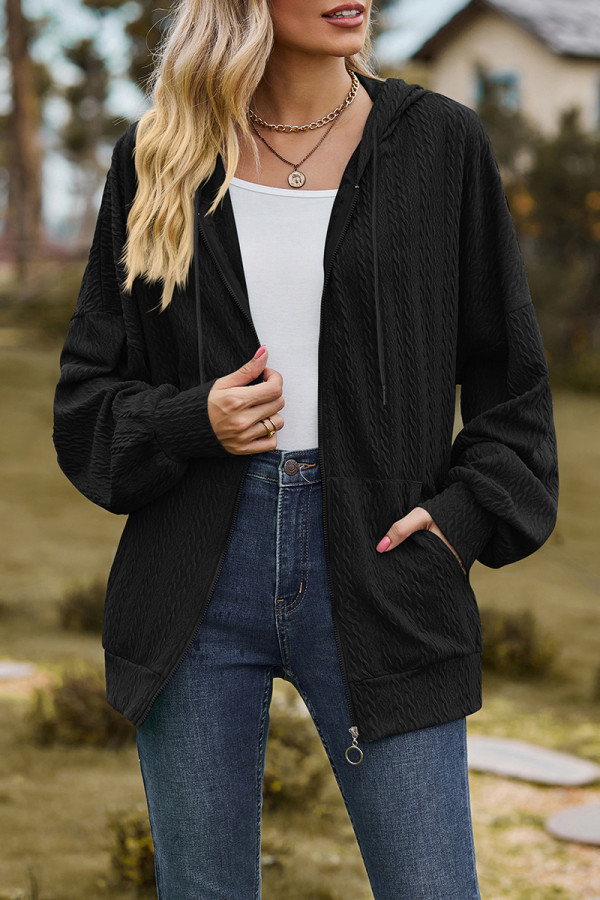 Casual Simplicity Solid Pocket Zipper Hooded Collar Outerwear