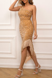 Sexy Solid Tassel Sequins Oblique Collar Irregular Dress Dresses