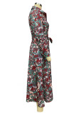 Elegant Floral Bandage Turndown Collar Printed Dress Dresses