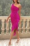 Sexy Solid Tassel Sequins Oblique Collar Irregular Dress Dresses