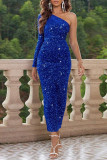 Celebrities Solid Sequins Oblique Collar One Step Skirt Dresses