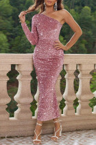 Celebrities Solid Sequins Oblique Collar One Step Skirt Dresses