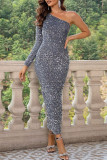 Celebrities Solid Sequins Oblique Collar One Step Skirt Dresses
