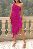 Sexy Solid Tassel Sequins Oblique Collar Irregular Dress Dresses