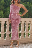 Celebrities Solid Sequins Oblique Collar One Step Skirt Dresses