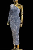 Celebrities Solid Sequins Oblique Collar One Step Skirt Dresses