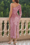 Celebrities Solid Sequins Oblique Collar One Step Skirt Dresses