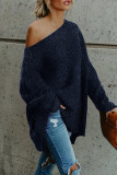 Casual Simplicity Solid Slit Oblique Collar Tops