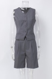 British Style Elegant Solid Pocket Buttons V Neck Sleeveless Two Pieces
