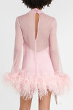 Sexy Celebrities Solid Feathers Mesh Turtleneck Evening Dress Dresses