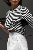 Casual Striped Contrast O Neck Tops