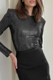 Elegant Solid Sequins Sequined O Neck Tops