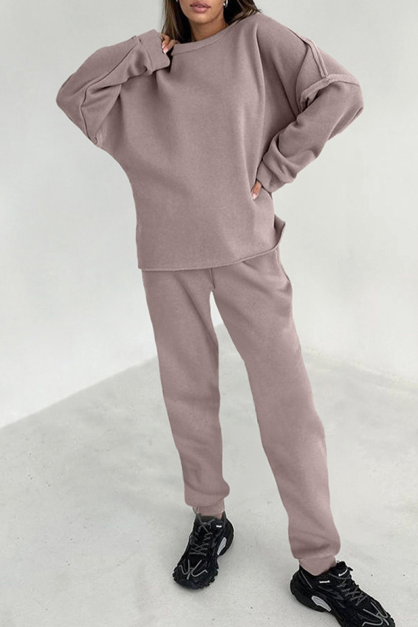 Daily Simplicity Solid Patchwork O Neck Long Sleeve Two Pieces