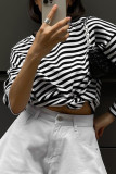 Casual Striped Contrast O Neck Tops