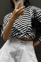 Casual Striped Contrast O Neck Tops