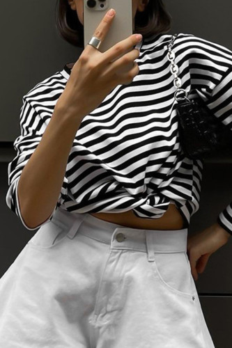 Casual Striped Contrast O Neck Tops