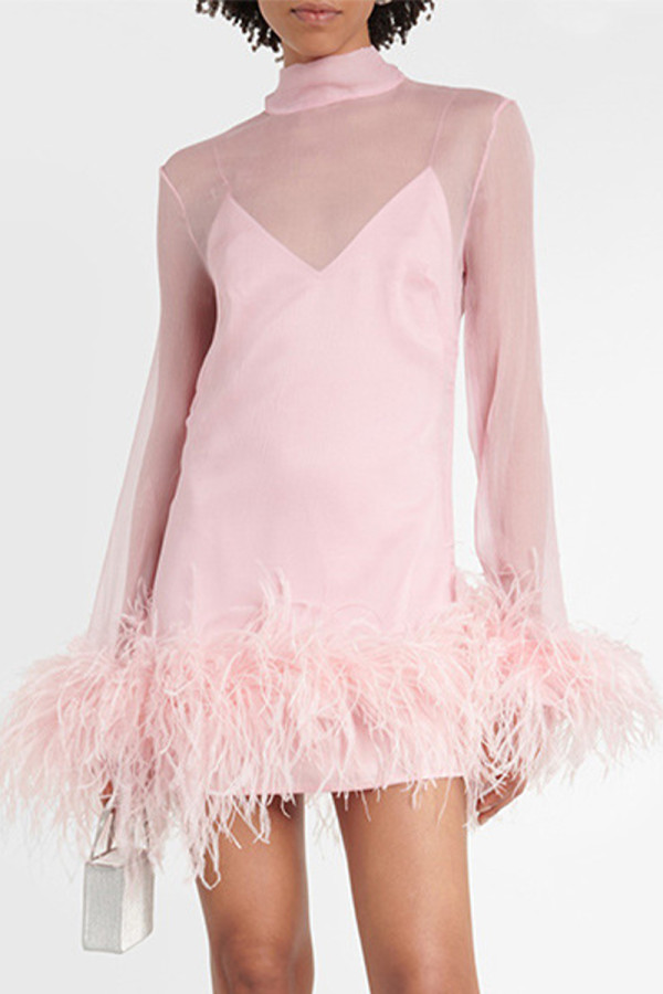 Sexy Celebrities Solid Feathers Mesh Turtleneck Evening Dress Dresses