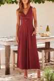 Casual Simplicity Solid Pocket Backless V Neck Loose Jumpsuits