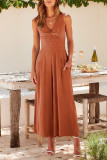 Casual Simplicity Solid Pocket Backless V Neck Loose Jumpsuits