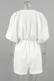 Casual Simplicity Solid Hollowed Out Draw String Pocket O Neck Loose Rompers