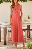 Casual Simplicity Solid Pocket Backless V Neck Loose Jumpsuits