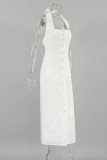 Elegant Solid Buttons With Bow Halter Sleeveless Dress Dresses
