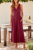 Casual Simplicity Solid Pocket Backless V Neck Loose Jumpsuits