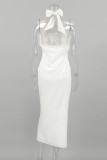 Elegant Solid Buttons With Bow Halter Sleeveless Dress Dresses