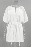 Casual Simplicity Solid Hollowed Out Draw String Pocket O Neck Loose Rompers
