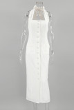 Elegant Solid Buttons With Bow Halter Sleeveless Dress Dresses