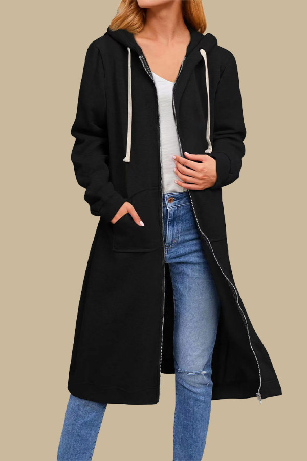 Casual Simplicity Solid Pocket Zipper Hooded Collar Outerwear