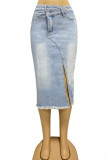 Vintage Solid Tassel Patchwork Asymmetrical High Waist Denim Skirts