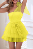 Sexy Solid Mesh With Bow Oblique Collar Cake Skirt Dresses