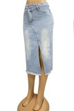 Vintage Solid Tassel Patchwork Asymmetrical High Waist Denim Skirts