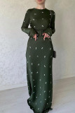 Vintage Print Flounce With Belt O Neck A Line Dresses