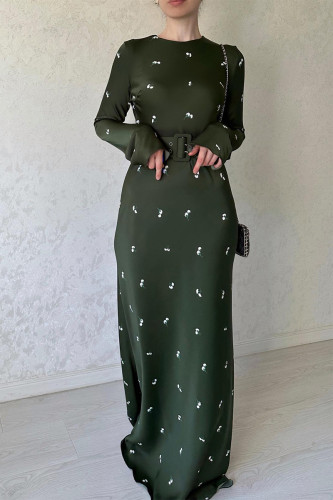 Vintage Print Flounce With Belt O Neck A Line Dresses