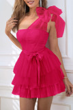 Sexy Solid Mesh With Bow Oblique Collar Cake Skirt Dresses
