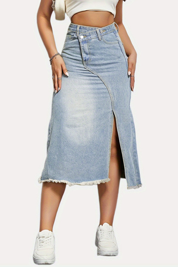 Vintage Solid Tassel Patchwork Asymmetrical High Waist Denim Skirts