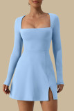 Sexy Simplicity Solid Slit Square Collar Long Sleeve Dresses