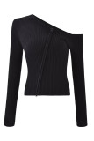 Sexy Simplicity Solid Zipper Oblique Collar Tops