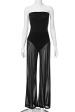 Sexy Solid See-through Strapless Straight Jumpsuits