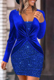 Elegant Solid Sequins Sequined V Neck Wrapped Skirt Dresses