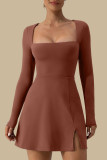 Sexy Simplicity Solid Slit Square Collar Long Sleeve Dresses